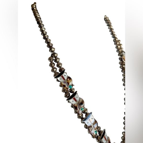 Sterling Silver Zuni Inlay Owl Squash Blossom Necklace Signed PITKIN PW NATEWA - Picture 6 of 12